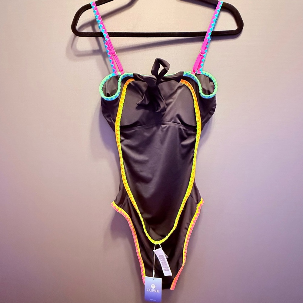 Cupshe (FARM Rio Vibe) Black Swimsuit Neon Orange, Pink, Turquoise Trim - Picture 2 of 4